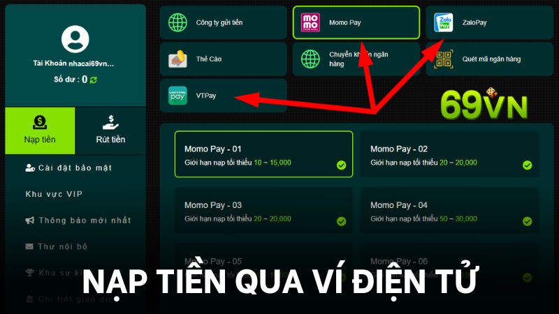 Thực hiện nạp tiền 69VN bằng ví điện tử online 